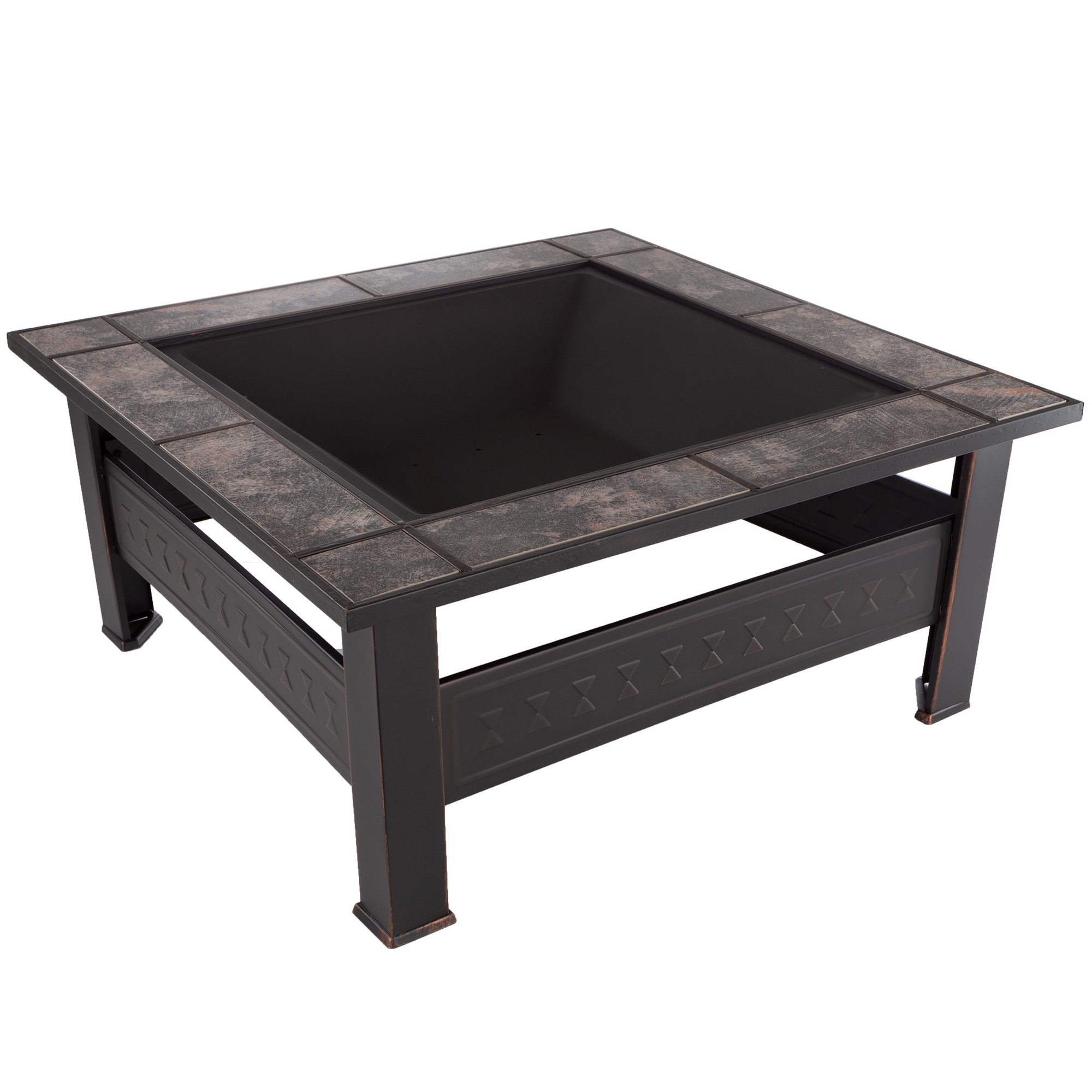 Fire Pit Table 33-Inch Square Wood Burning Bonfire Pit with Marble Tile Edge. Spark Screen. Cover and Log Poker