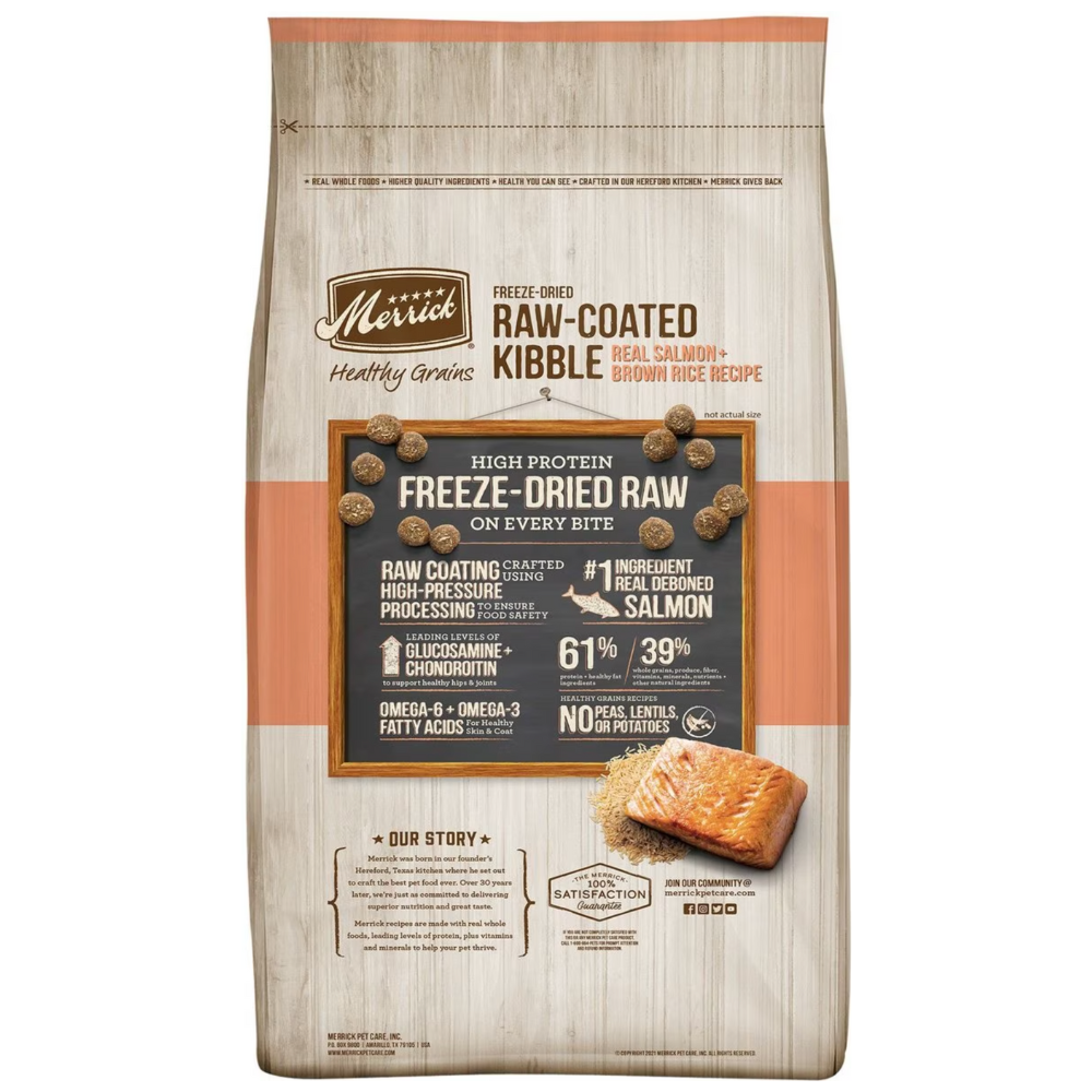 Merrick Healthy Grains Raw-Coated Kibble Real Salmon + Brown Rice. 22-lb bag