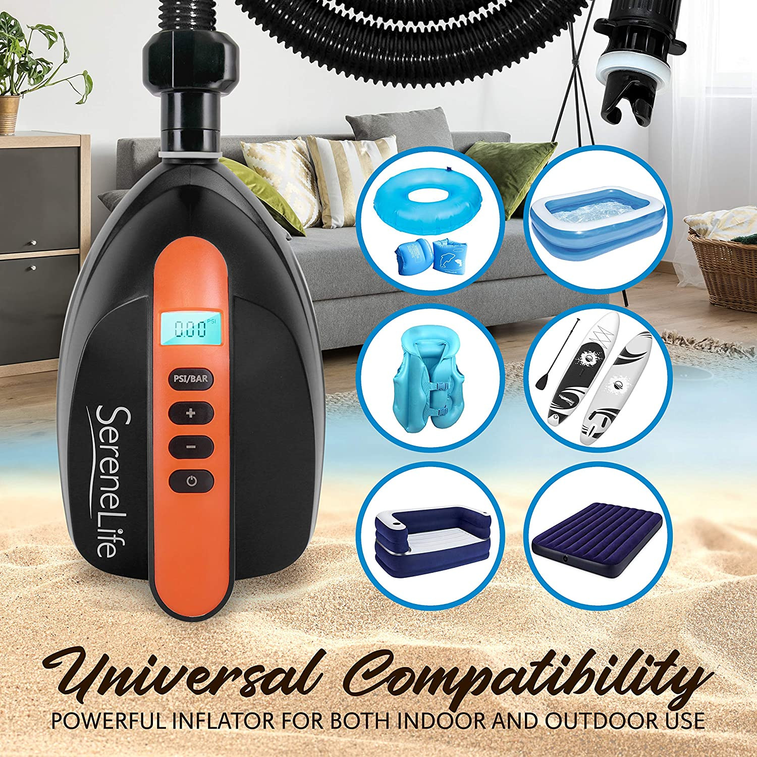 SereneLife Digital Electric Air Pump Compressor. 110W Rechargeable Quick Air Inflator w/LCD