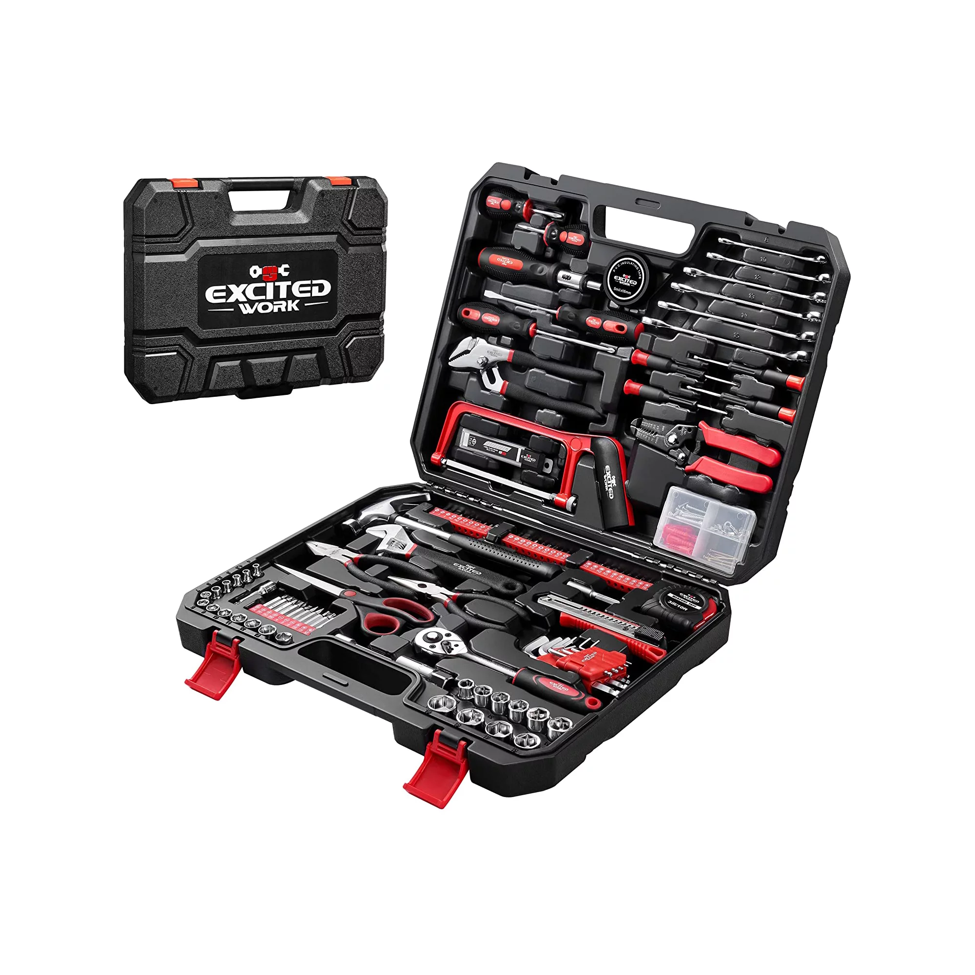 Excited Work 198 Pcs Hand Tool Set. Mechanic Tools Kit With Plastic Storage Case Wrench Screwdriver