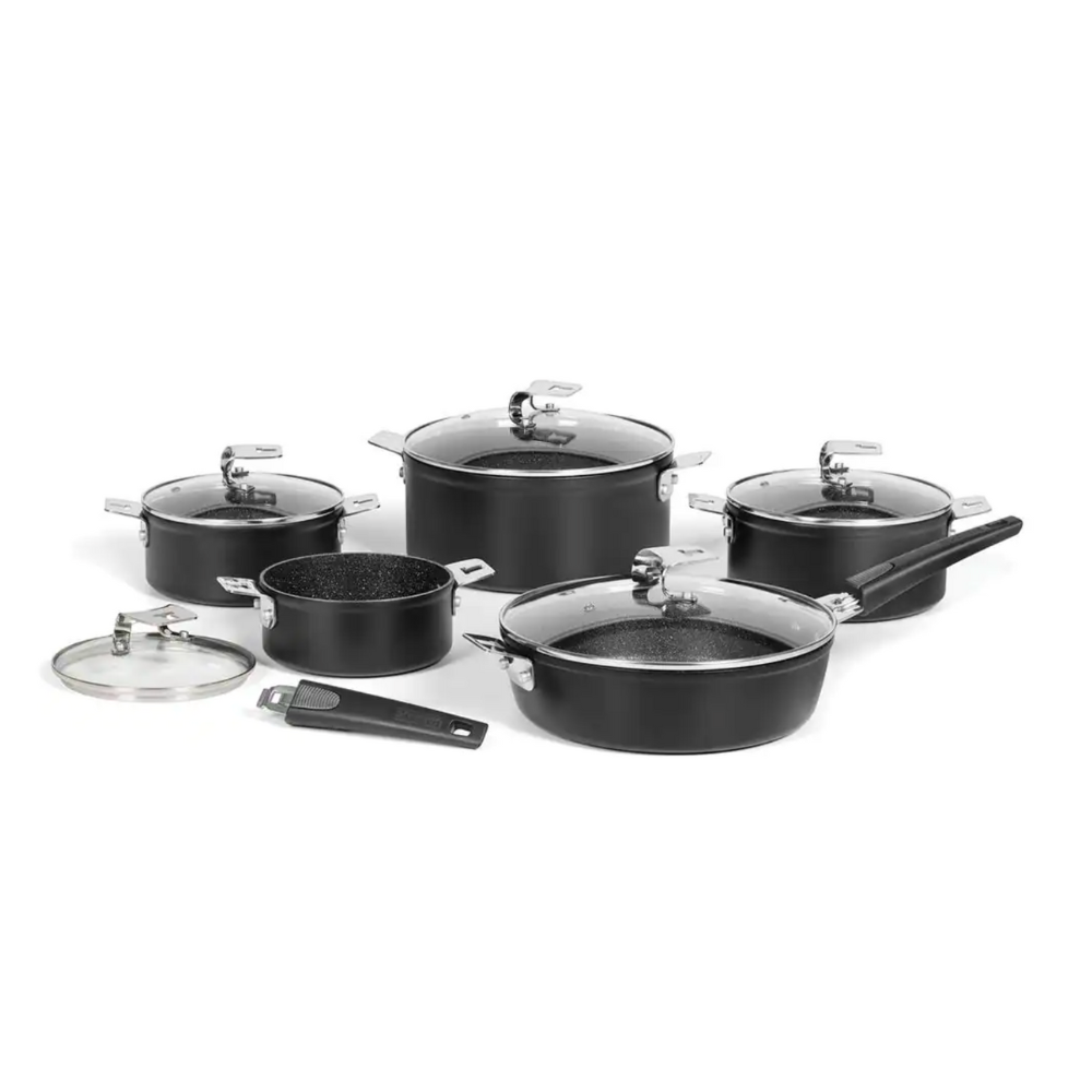 The Rock By Starfrit 12-Piece Aluminum Space-Saving Cookware Set with T-Lock Detachable Handles