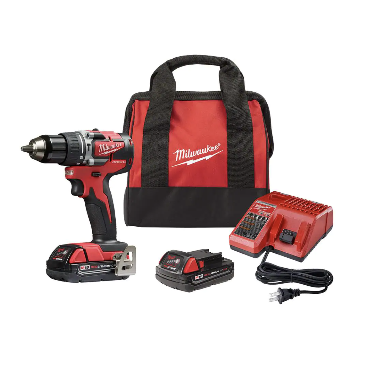Milwaukee M18 18V Lithium-Ion Brushless Cordless 1/2 in. Compact Hammer Drill/Driver Kit with 2 Batteries. Charger and Case (2802-22CT)