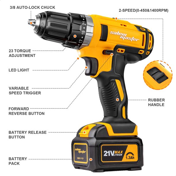 Salem Master 21V Cordless Drill Driver 3/8-in. Electric Drill 57pcs & 2 Batteries