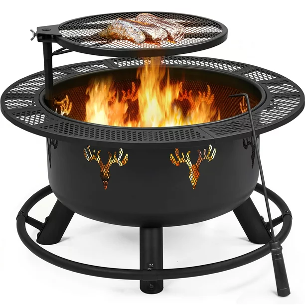 SmileMart 32 Round Wood Burning Fire Pit for Outdoor. Black