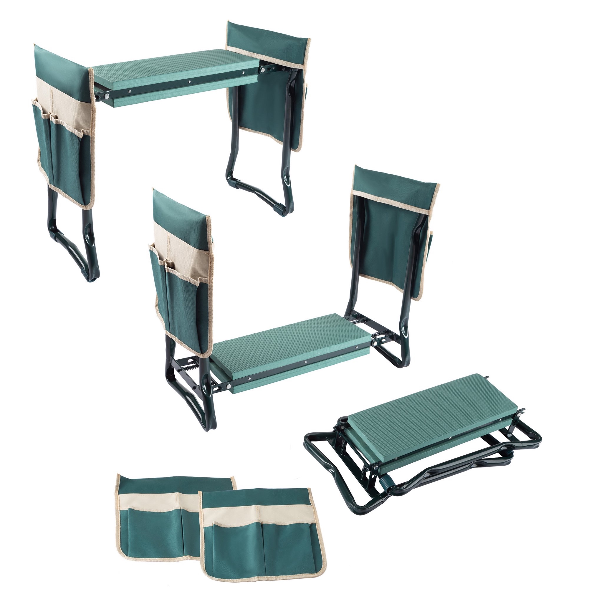 Pure Garden Kneeler Bench - Foldable Stool with 2 Tool Pouches (Green)
