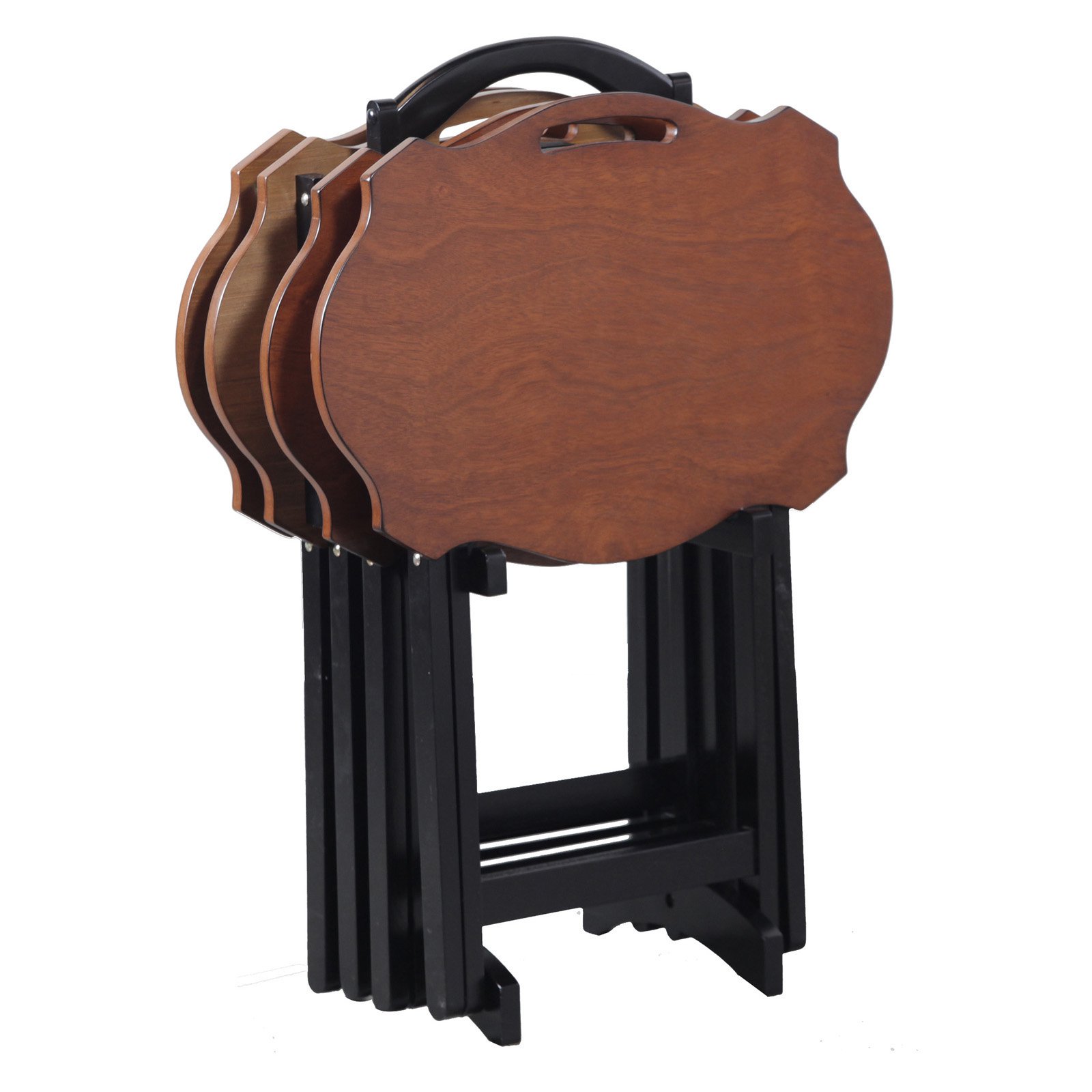 Powell Serpentine Folding Tray Table Set with Stand. 5 Pieces. Hazelnut and Black