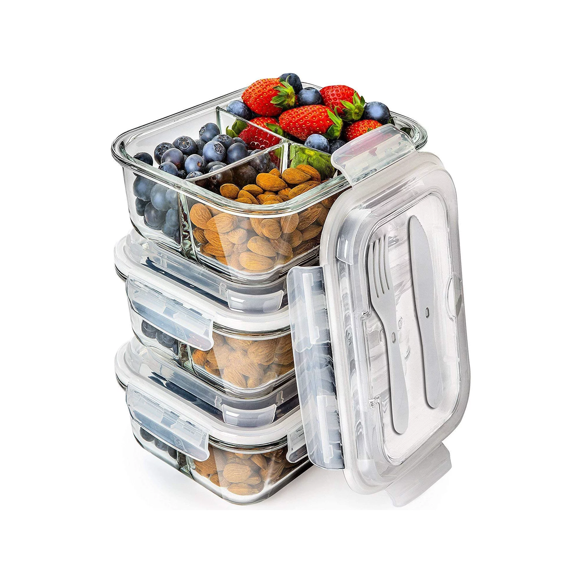 Prep Naturals Glass Meal Prep Containers 3 Compartment 3 Pack - Glass Food Storage Containers with Lids