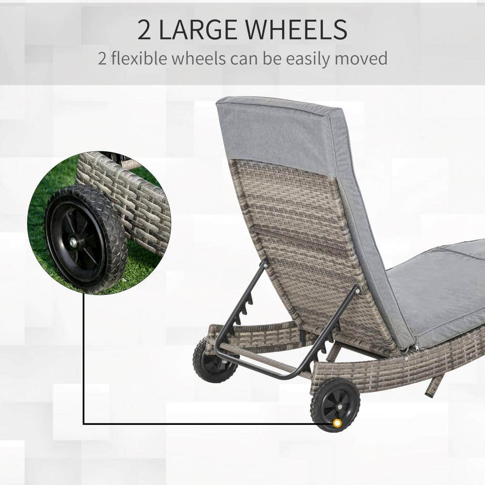 Outsunny Grey Metal Plastic Rattan Outdoor Chaise Lounge Chair With Grey Cushions. 2 Wheels And 5 Backrest Angles