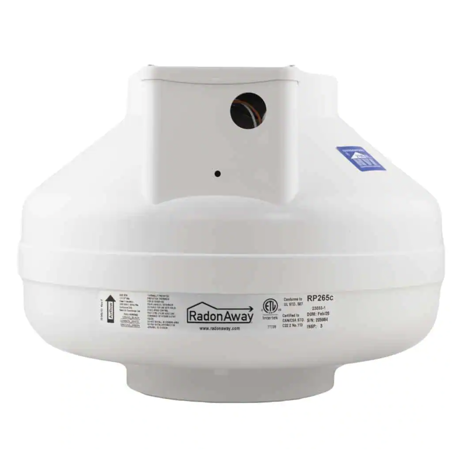 RadonAway RP265C 6 in. Inlet and Outlet Inline Radon Fan in White with 2.3 in. Maximum Operating Pressure