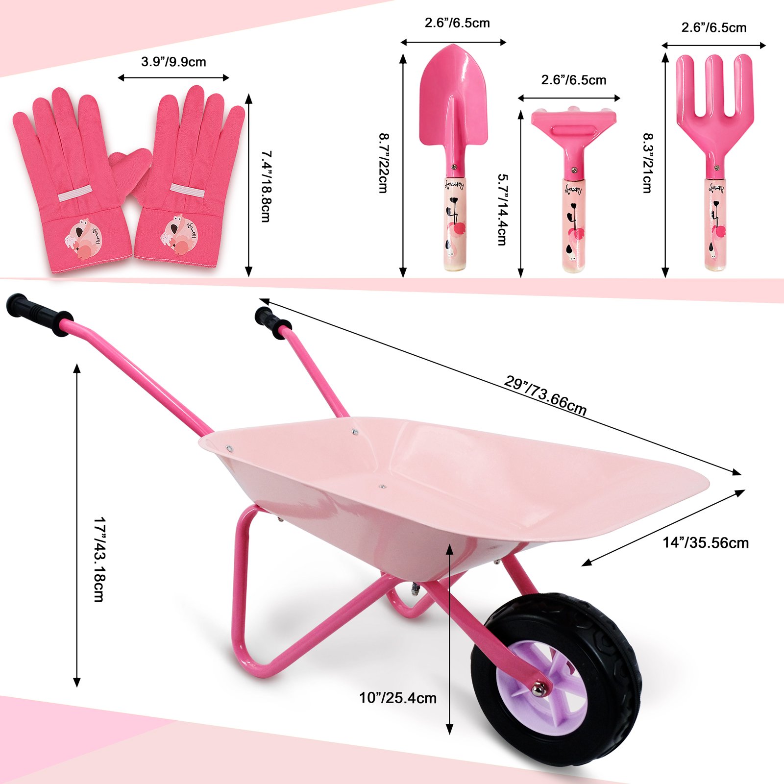 Hortem Kids Wheelbarrow Set Metal. 5PCS Child Wheel Barrel and Kids Garden Tools. Pink