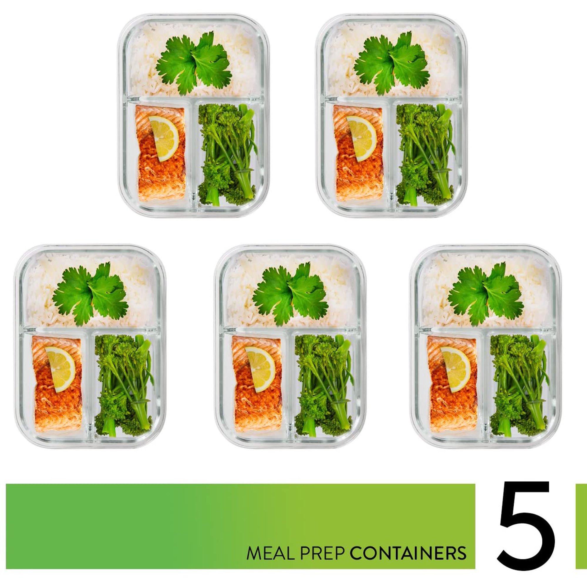 Prep Naturals Glass Meal Prep Food Storage Containers with Lids. 3 Compartment 5 Pack