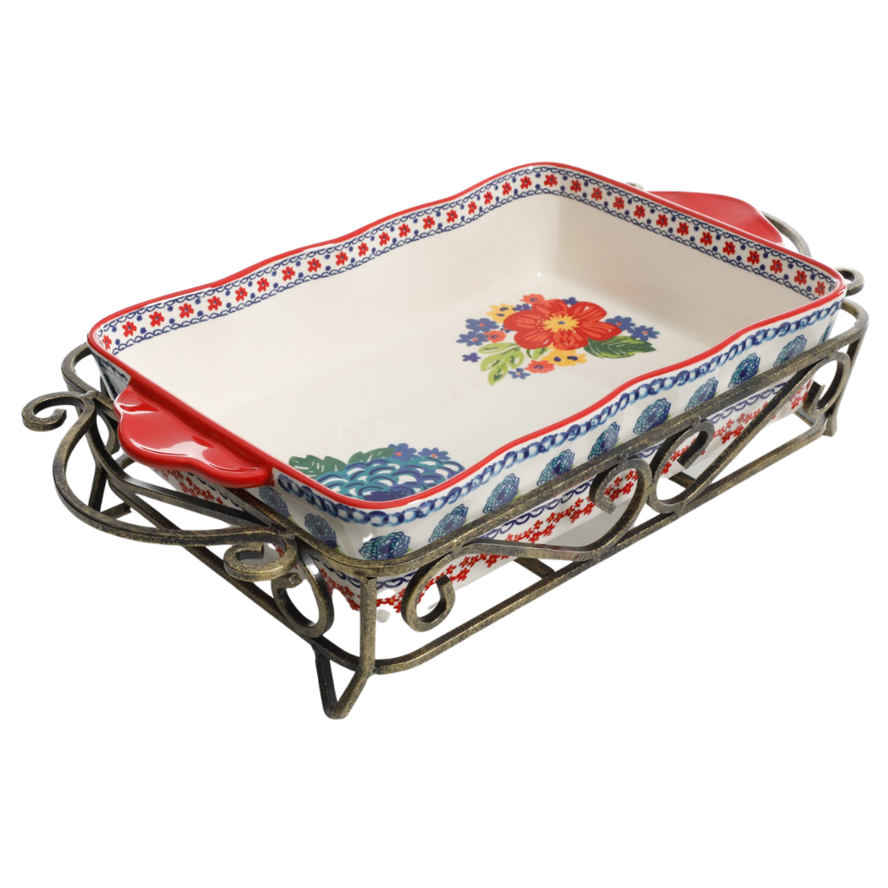 The Pioneer Woman Dazzling Dahlias 3.15-Quart 2-Piece Ceramic Baker with Metal Rack