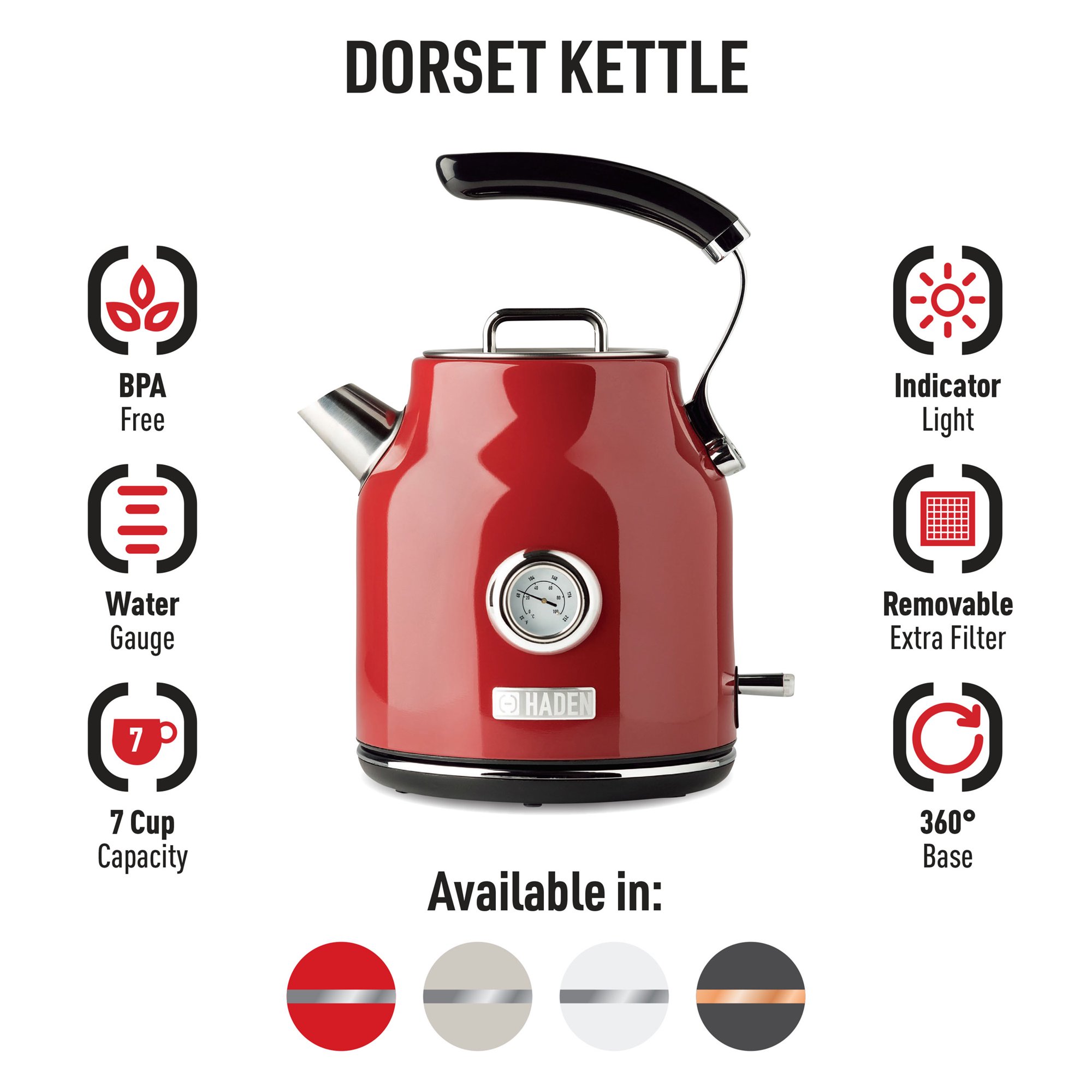 Haden Dorset 1.7 Liter Stainless Steel Electric Tea Kettle. Red