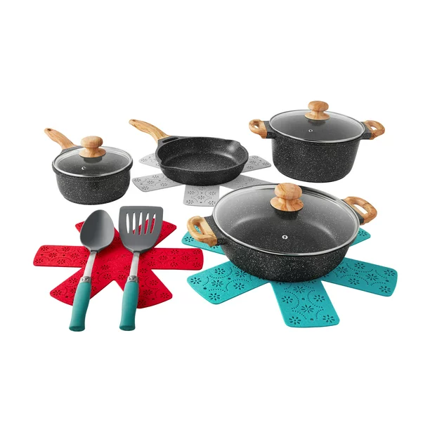 The Pioneer Woman Prairie Signature 12-Piece Cast Aluminum Cookware Set. Charcoal Speckle