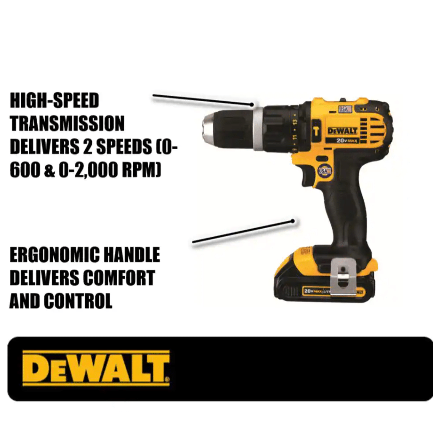 Dewalt DCD785C2 20-Volt MAX Cordless Compact 1/2 in. Hammer Drill/Driver with Batteries. Charger & Bag