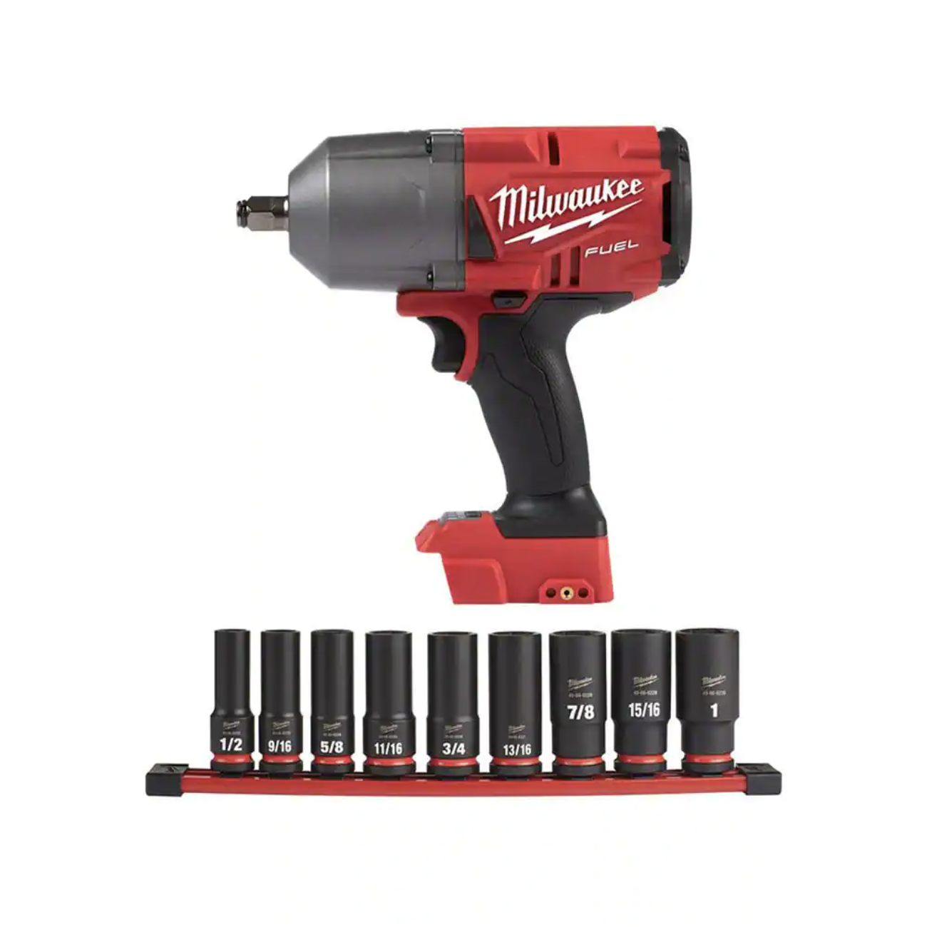 Milwaukee M18 FUEL 18V Lithium-Ion Brushless Cordless 1/2 in. Impact Wrench with SAE Deep Well Impact Socket Set (9-Piece)