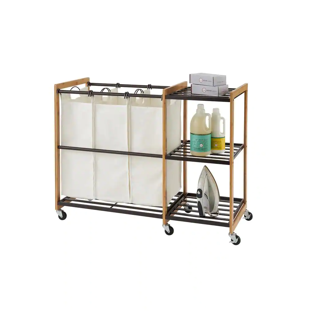 Trinity EcoStorage Wheeled 3-Bag Bamboo Laundry Station in Bronze