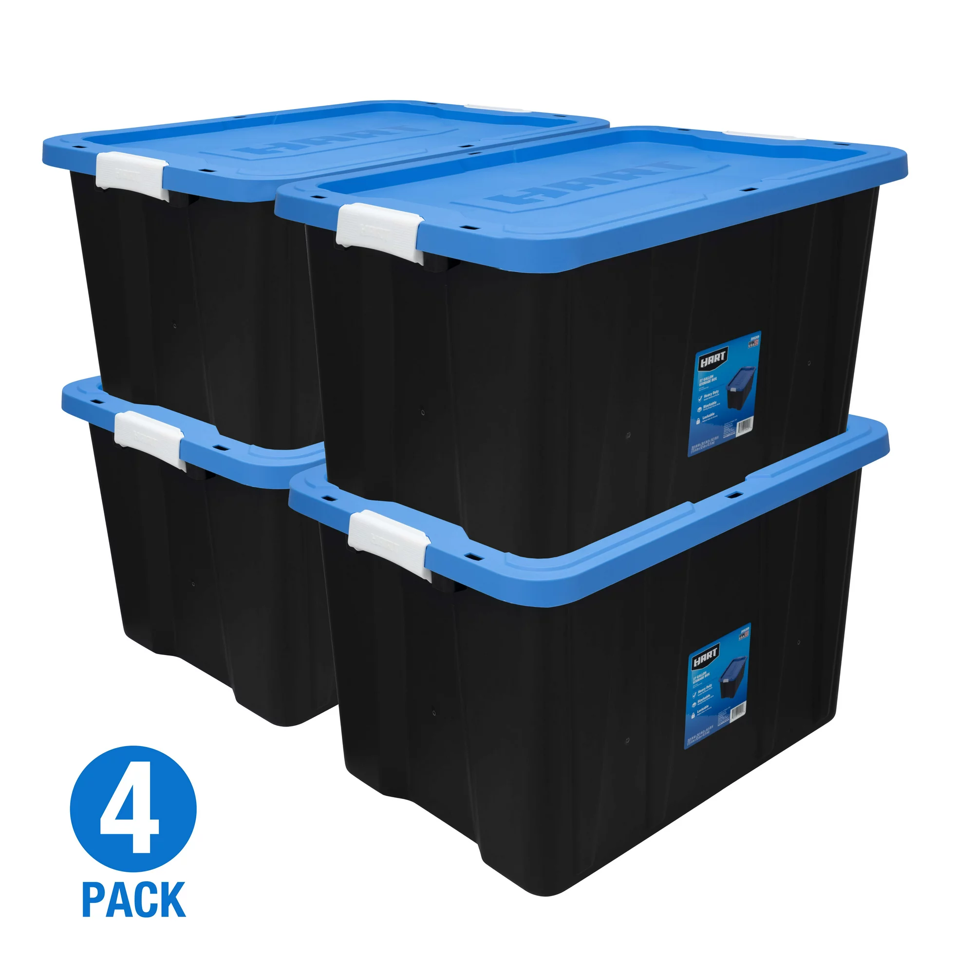 Hart 27 Gallon Heavy Duty Latching Plastic Storage Bin. Black Base/Blue Lid. Set of 4