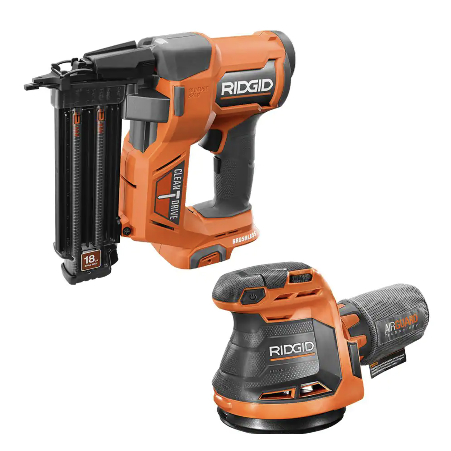 Ridgid 18V Brushless Cordless 18-Gauge 2-1/8 in. Brad Nailer with 18V Cordless 5 in. Random Orbit Sander. Tools Only (R09891B-R8606B)