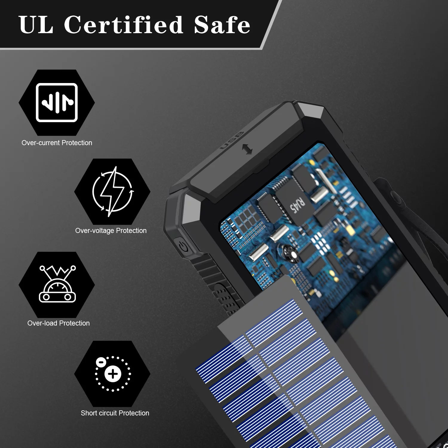 Durecopow 30000mAh Portable Solar Charger Bank with Dual 5V USB Ports. 2 LED Flashlights. Black