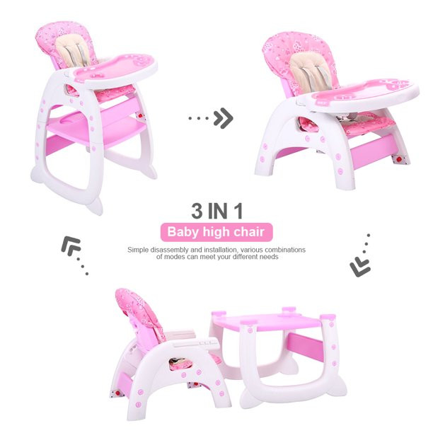 Hommoo 3 In 1 Baby High Chair. Convertible Play Table And Chair Set For Toddler. Adjustable Seat Back. Pink