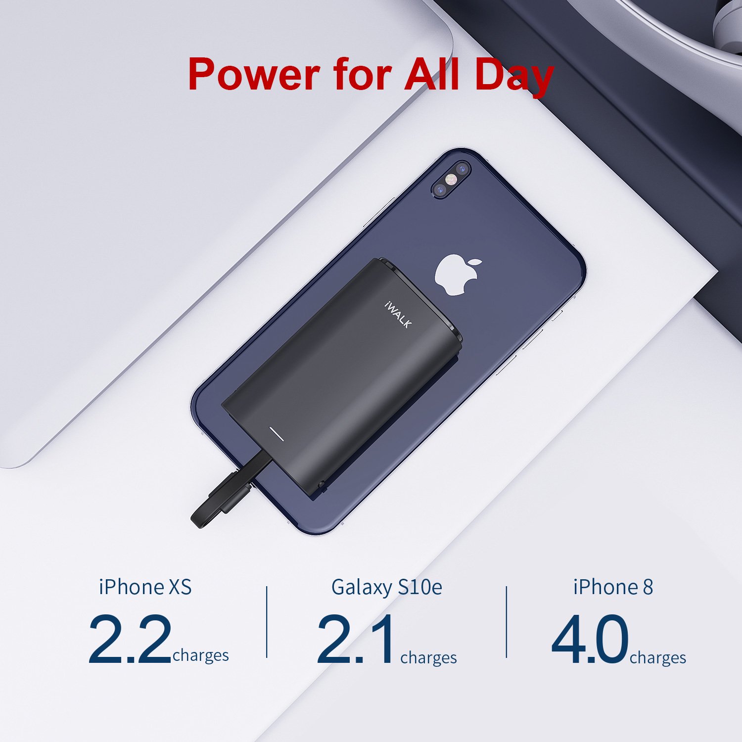 iWALK Brick Portable Charger 9000mAh Ultra-Compact Power Bank with Built-in Cable. Black