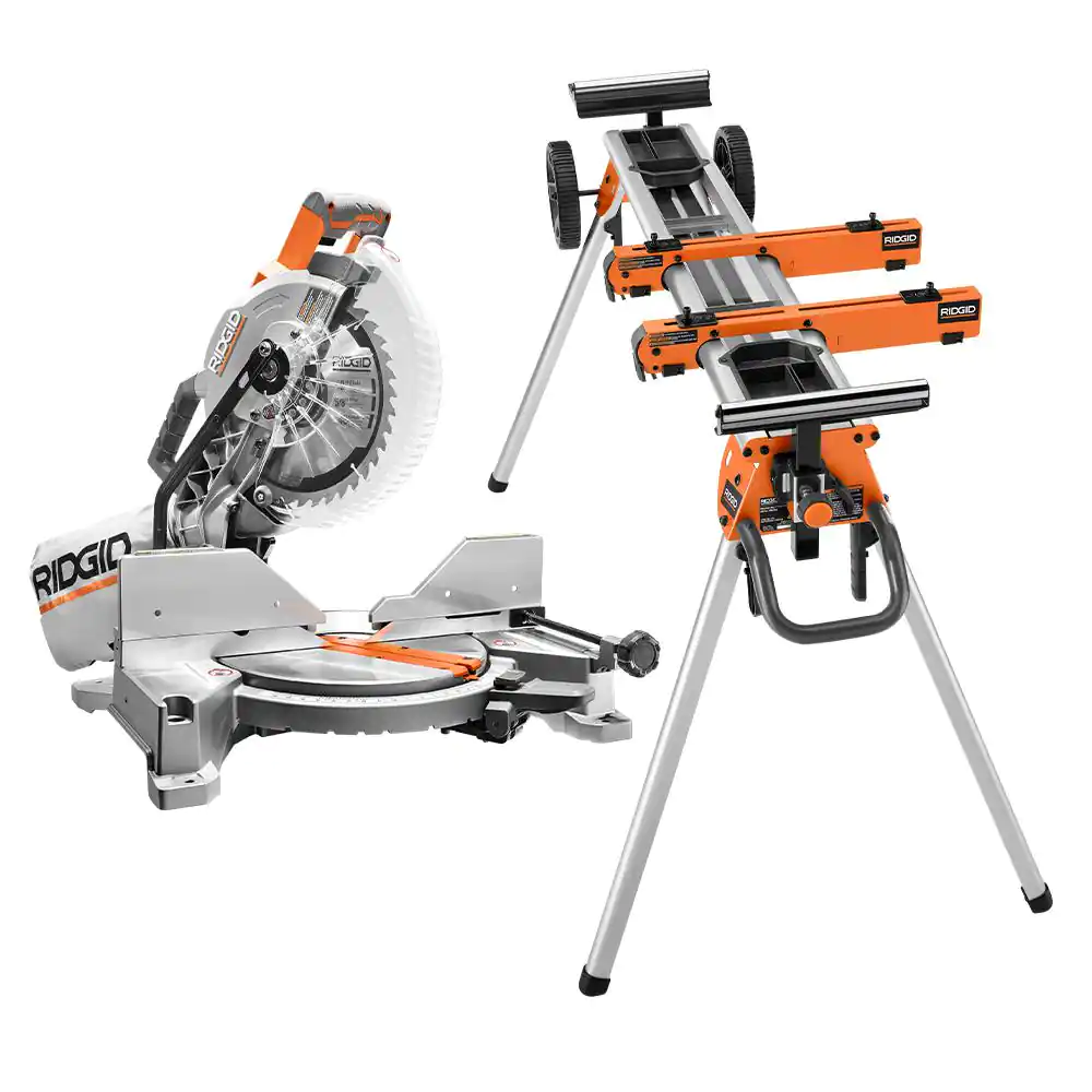 Ridgid 15 Amp 10 In. Dual Miter Saw With Led Cut Line Indicator And Professional Compact Miter Saw Stand