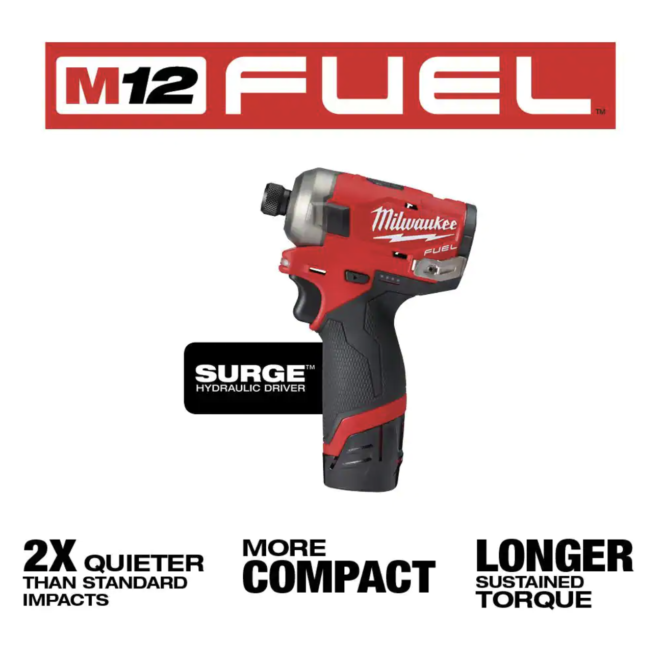 Milwaukee M12 Fuel Surge 12V Lithium-Ion Brushless Cordless 1/4 in. Hex Impact Driver Compact Kit w/Two 2.0Ah Batteries. Bag
