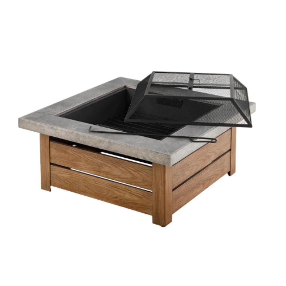 Hampton Bay Stoneham 34 in. x 15.5 in. Square Steel Wood Fire Pit with Tile Top
