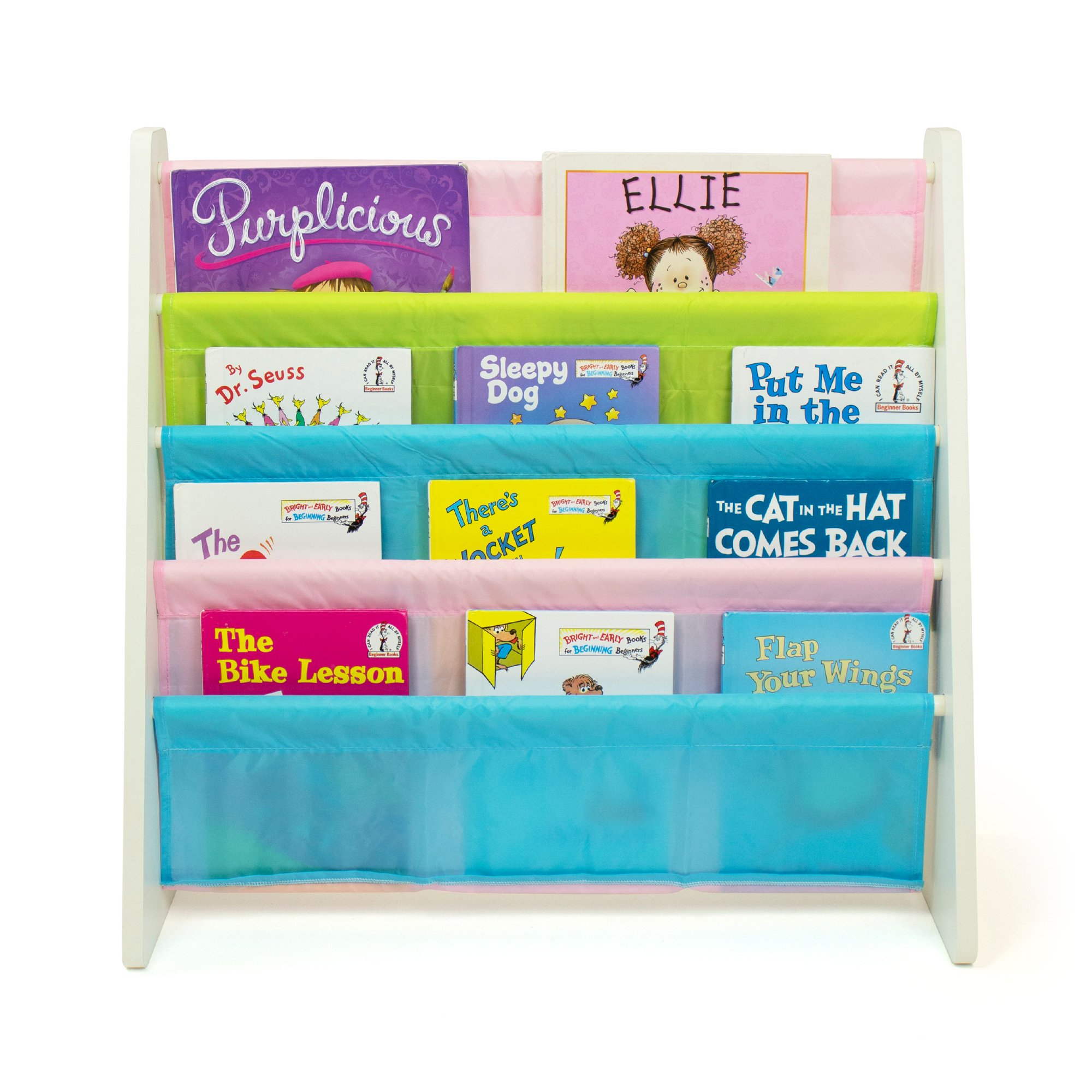 Tot Tutors Humble Crew Kids Book Rack with Fabric Sling Sleeves. Pastel