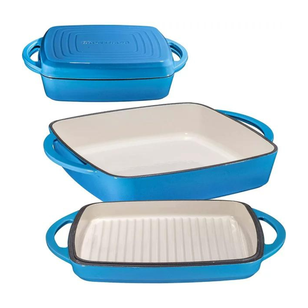 Bruntmor 2 in 1 Enameled Square Cast Iron Baking Pan Cookware Dish With Grill (Blue Whale)