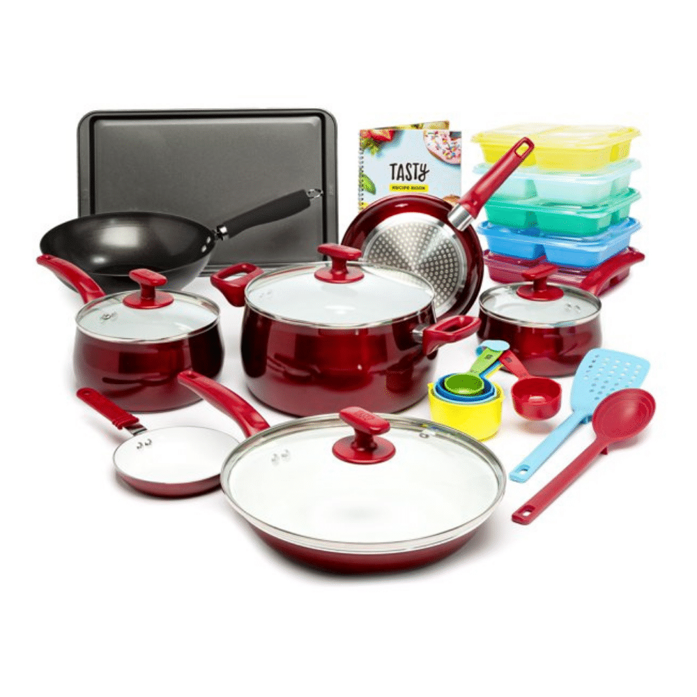Tasty 24 Piece Titanium Ceramic Non-Stick Cookware Set. Dishwasher Safe. Red