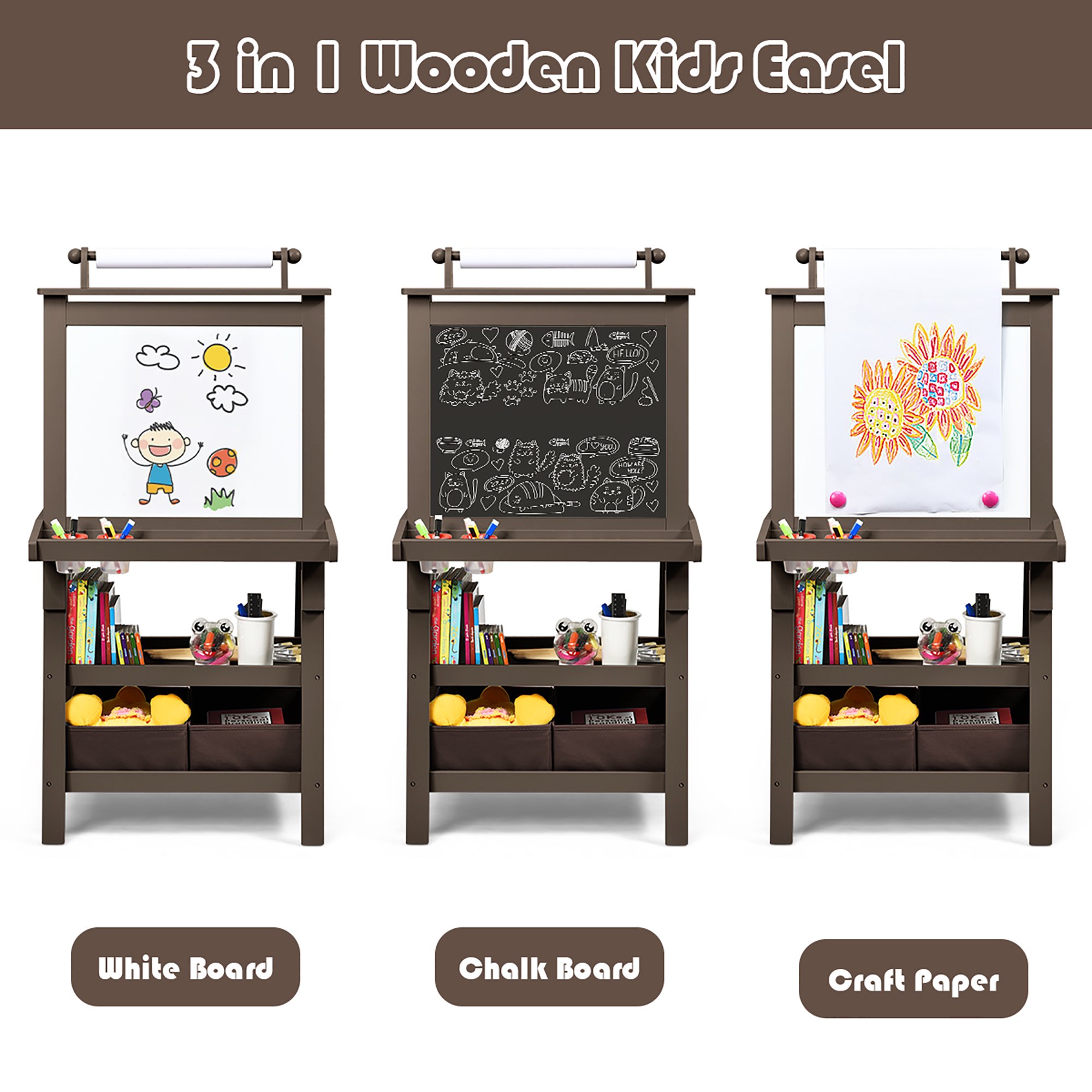 Costway 3-in-1 Double-Sided Wooden Kid-s Art Easel Whiteboard. Coffee