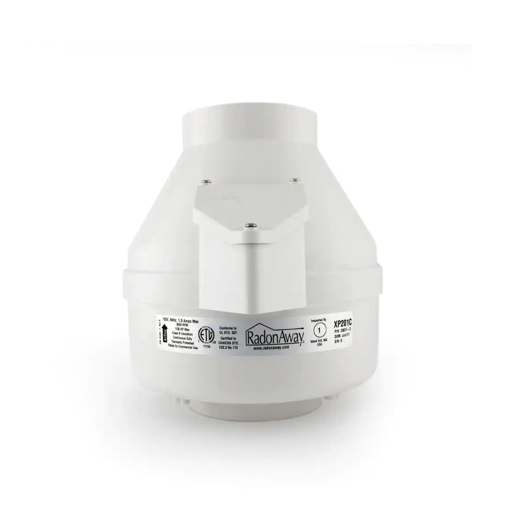 RadonAway XP201C 4 in. Inlet And Outlet Inline Radon Fan In White With 1.6 In. Maximum Operating Pressure