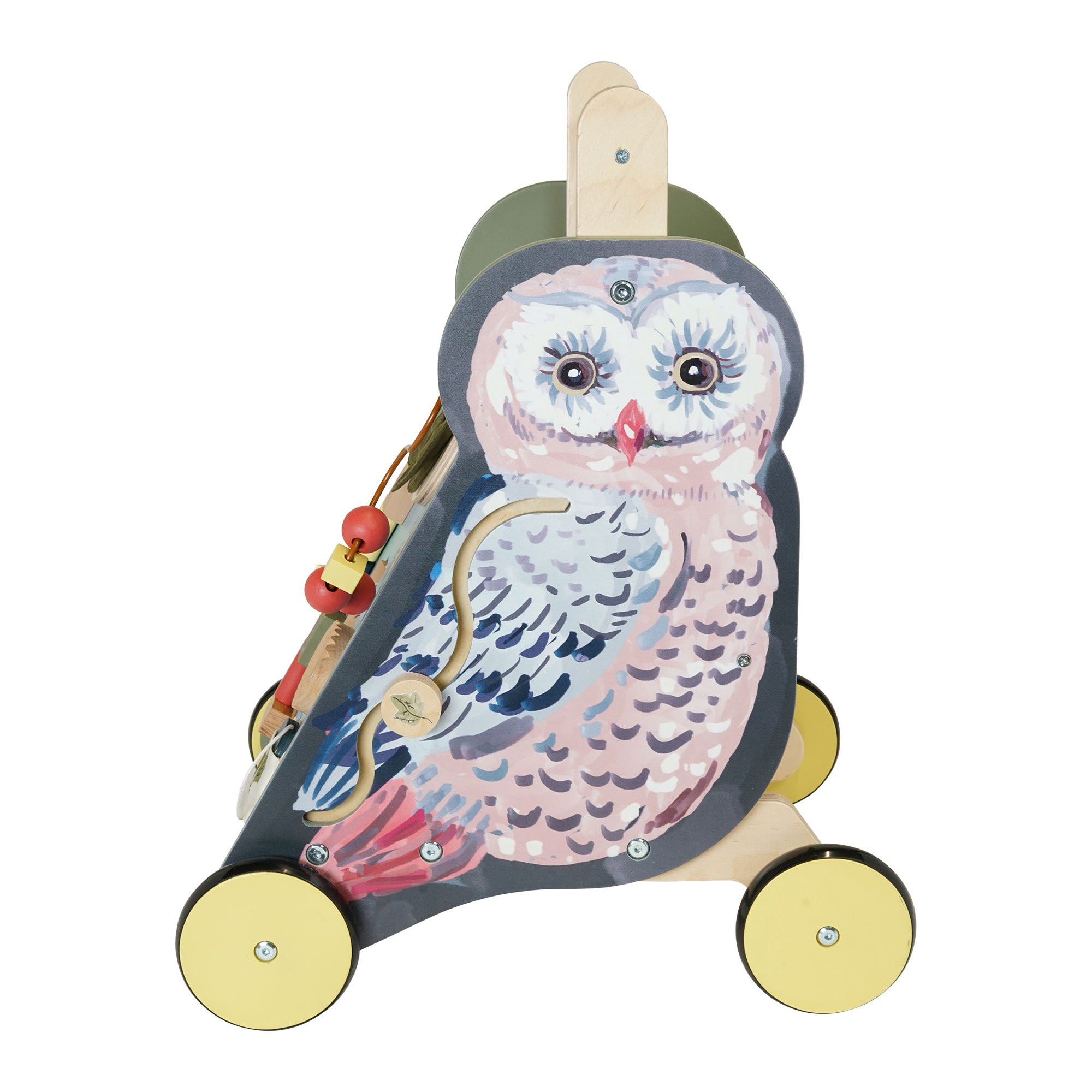 Manhattan Toy Wildwoods Owl Wooden Push Cart with Shape Sorter and Basket. Serrated Oval. Spinners. Bead Run and More