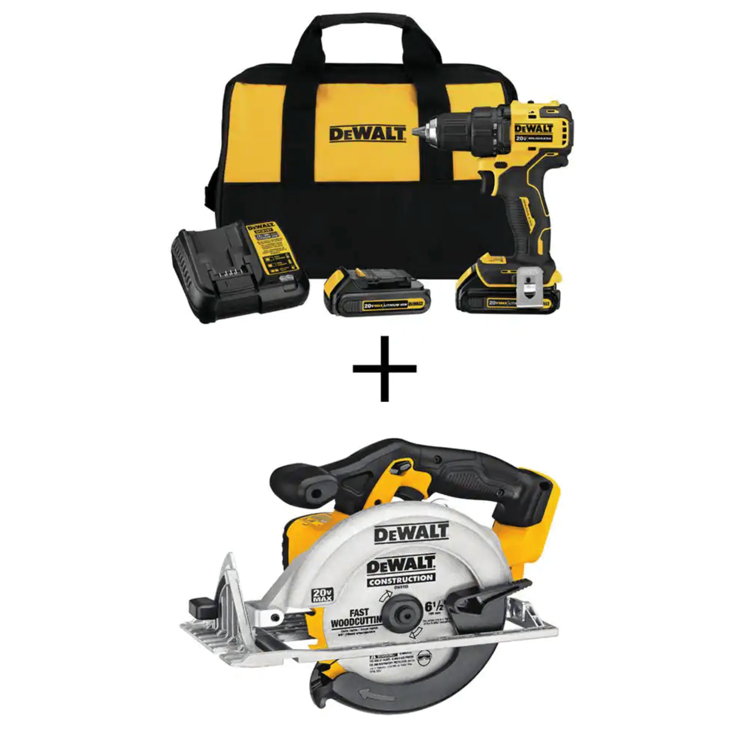 Dewalt ATOMIC 20-Volt MAX 1/2 in. Drill/Driver. 2 Batteries & 6-1/2 in. Circular Saw. DCD708C2WCS391B