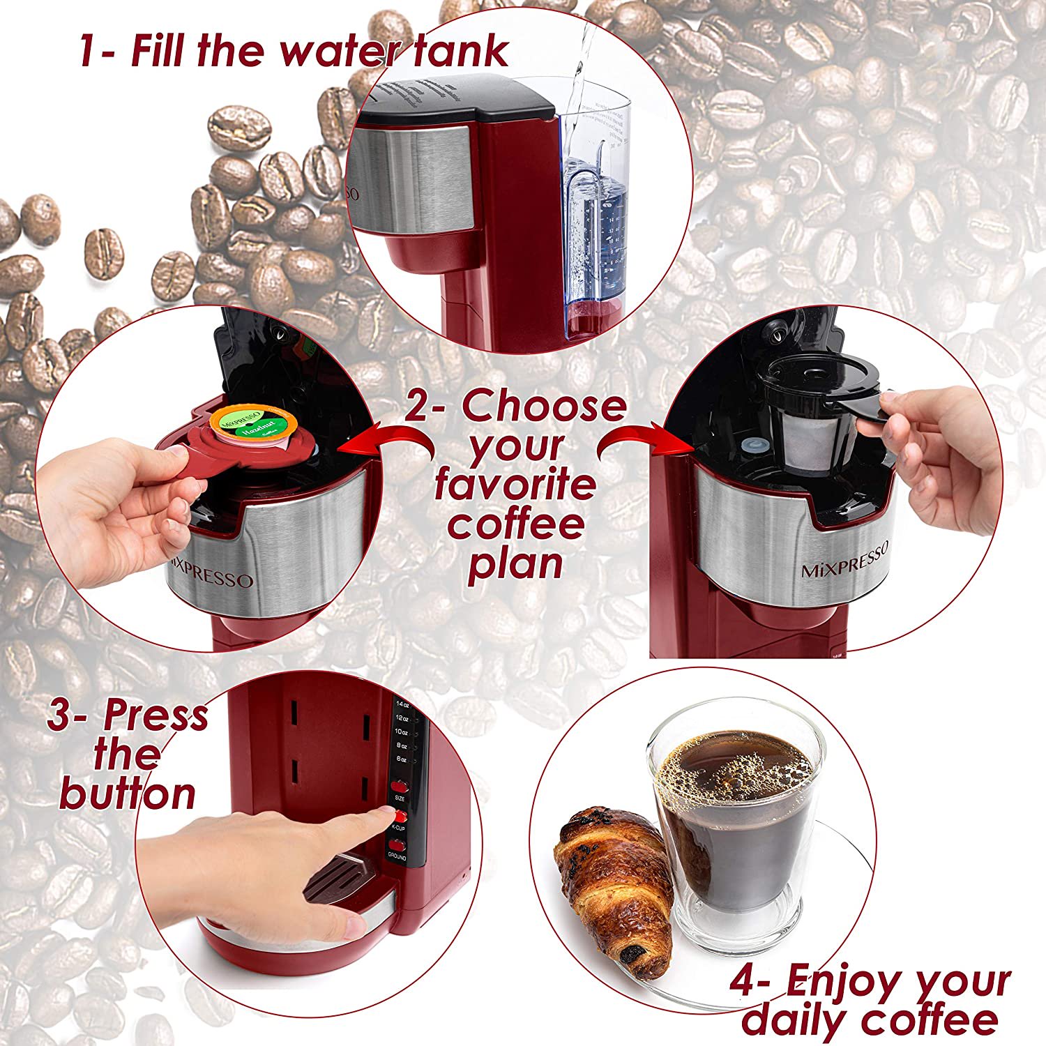 Mixpresso Single Serve 2 In 1 Coffee Brewer K-Cup Pods Compatible & Ground Coffee. Red