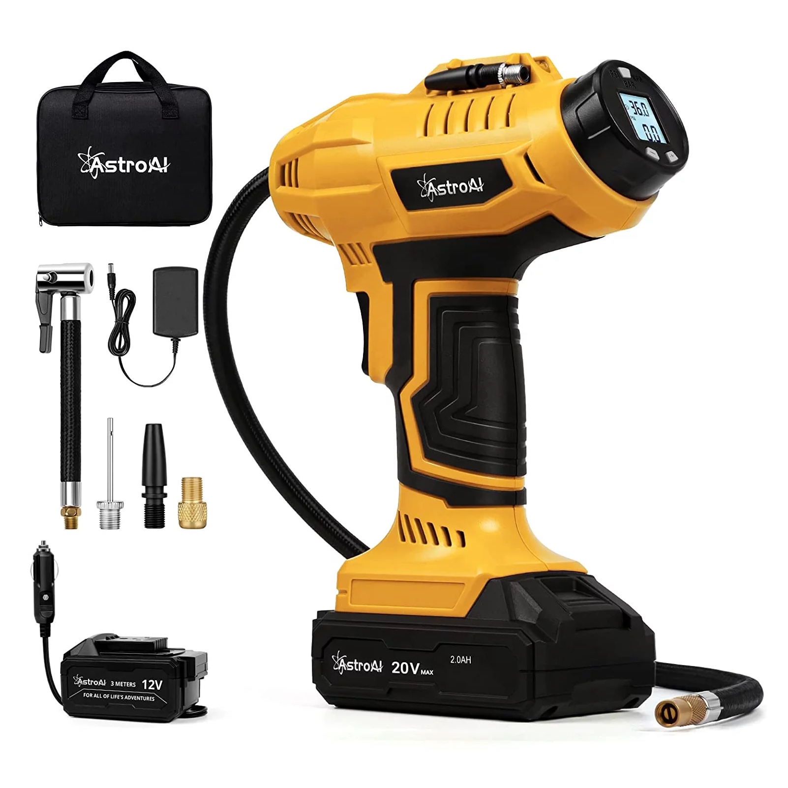 AstroAI Tire Inflator 160PSI Cordless Air Compressor. 20V Rechargeable Battery. Portable Handheld Air Pump. Yellow