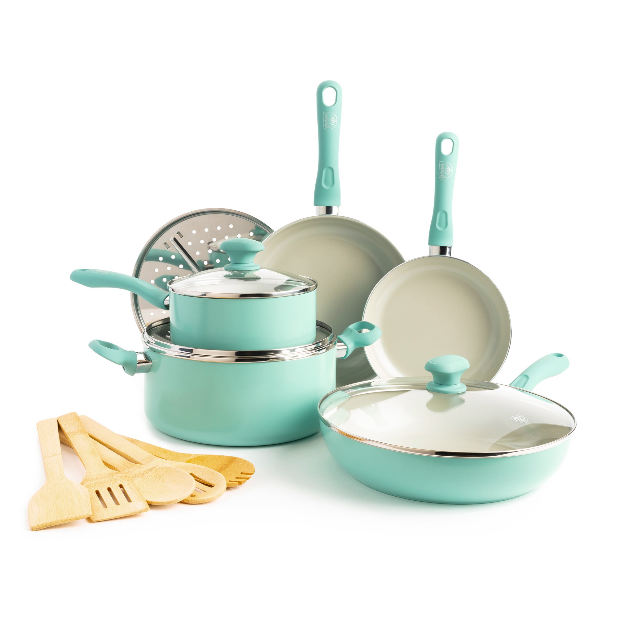 GreenLife Soft Grip Diamond Healthy Ceramic Nonstick. 14 Pieces Cookware Pots and Pans Set. Turquoise