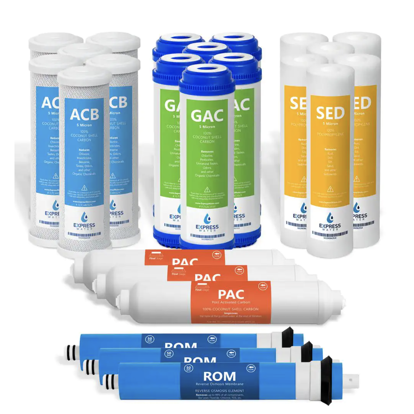 Express Water 3 Year Reverse Osmosis System Replacement Filter Set - 24 Filters with 50 GPD RO Membrane - 10 inch Size
