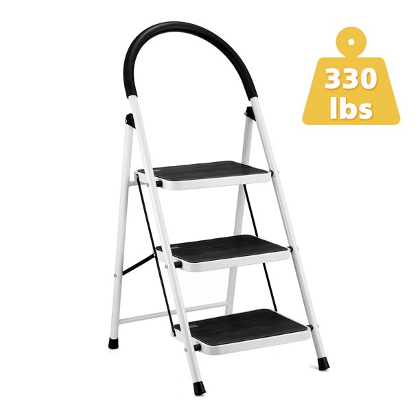 Kingso 3 Step Ladder. Folding Stool With Steel Wide Anti-Slip Pedal And Handgrip