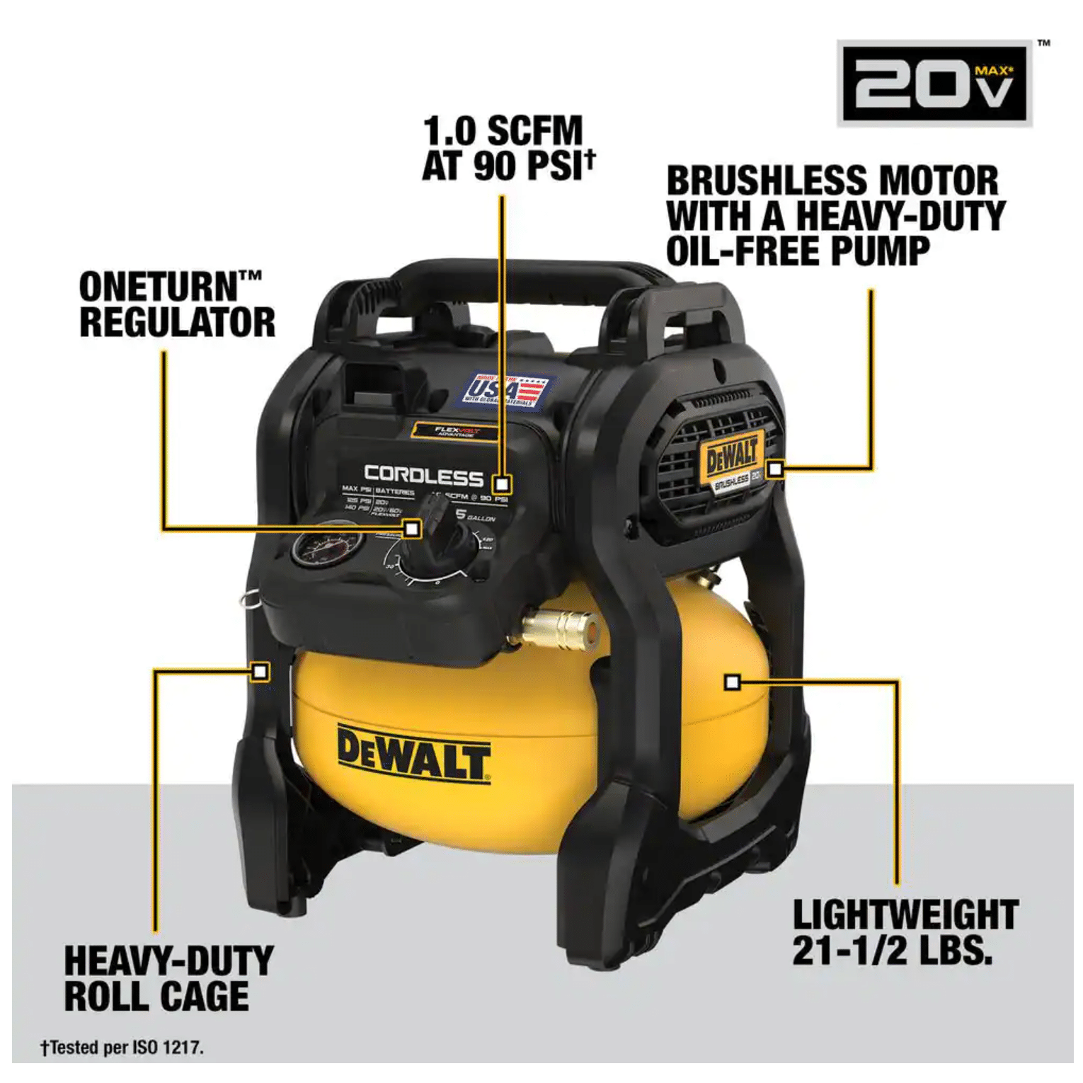 Dewalt 2.5 Gal. 140PSI Portable 20-Volt Cordless Air Compressor with Flexvolt Advantage. Tool-Only (DCC2520B)