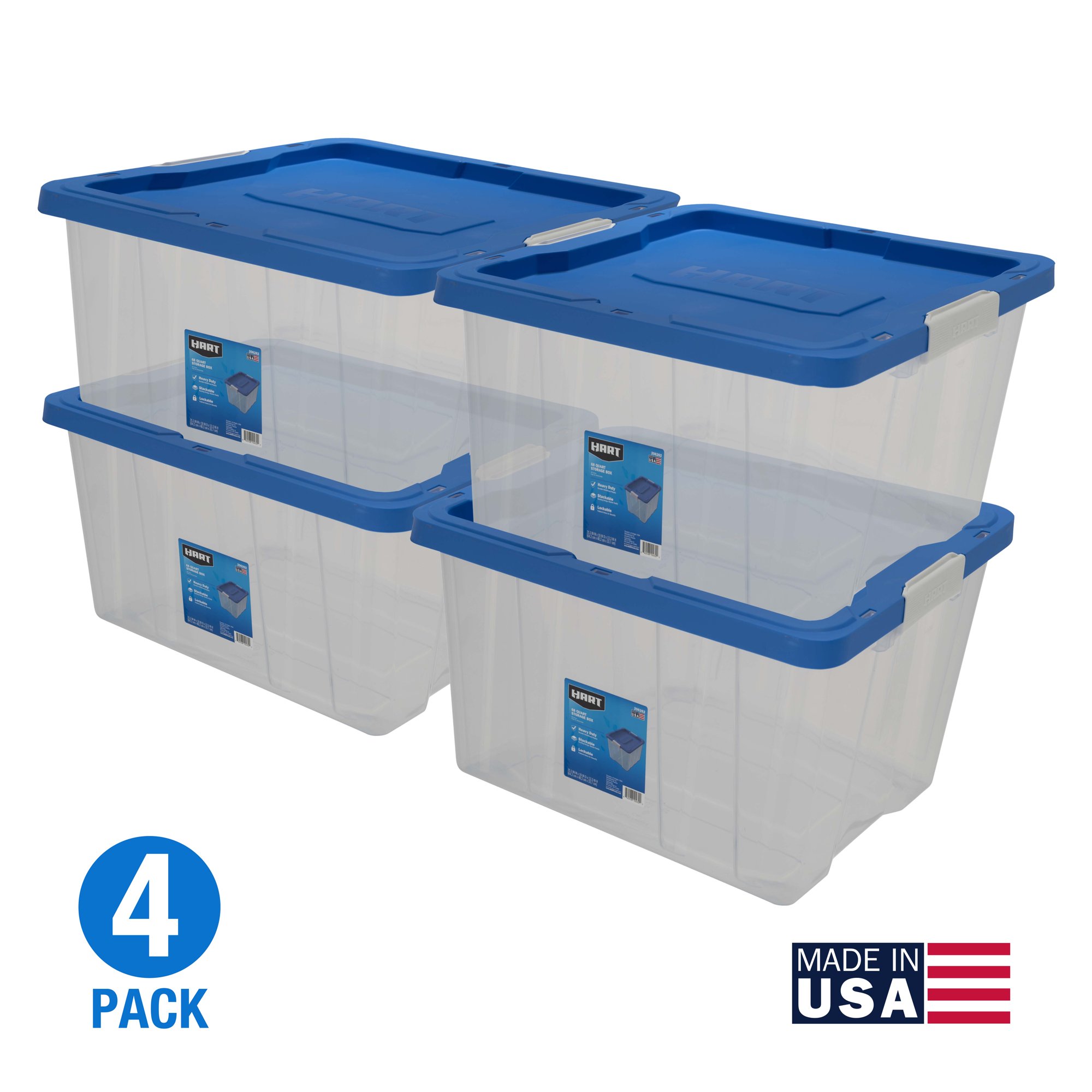 Hart 68 Quart Clear Latching Plastic Storage Bin. Clear Base/Blue Lid. Set of 4