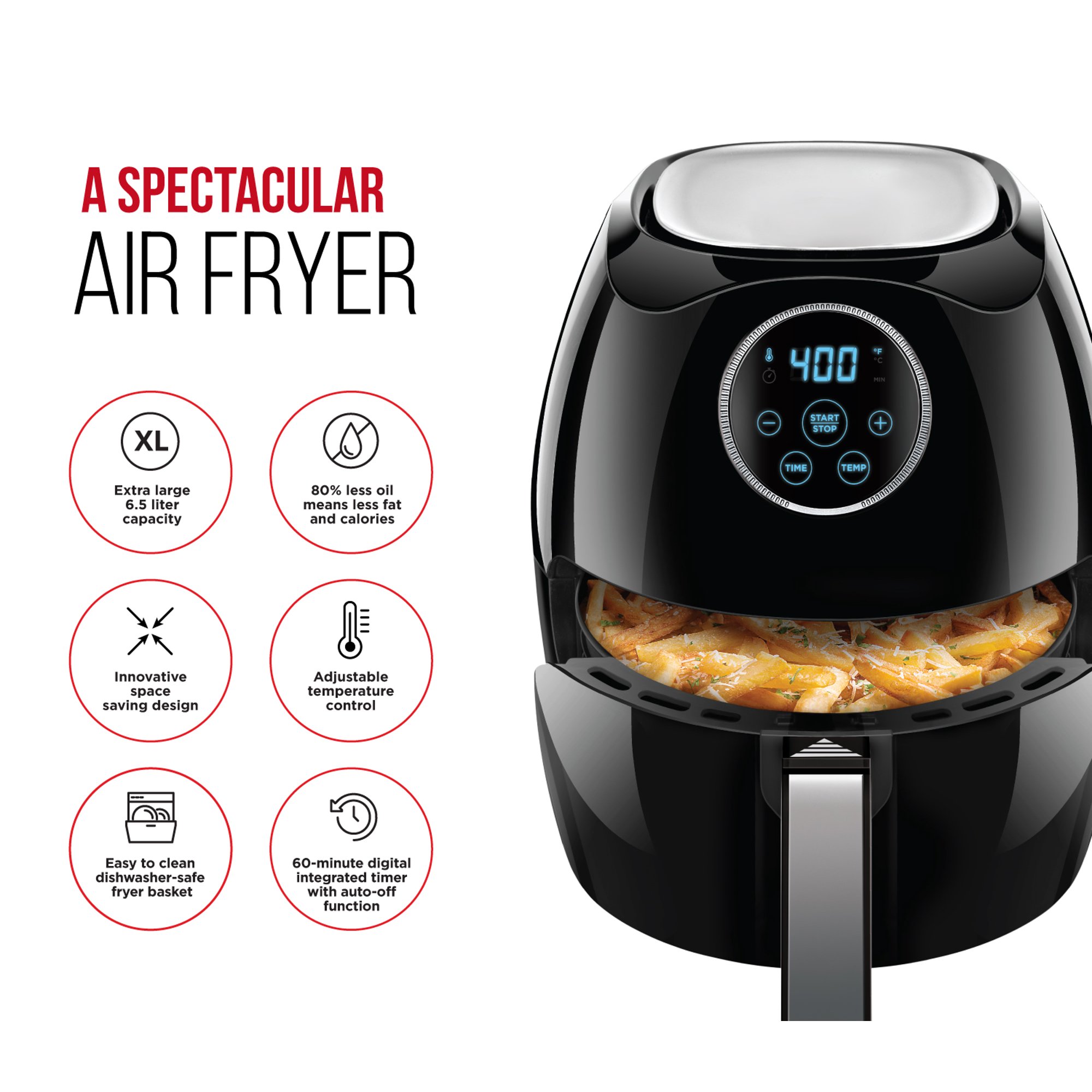 Chefman Digital 6.5 Liter Rapid Temperature Controlling Air Fryer with Flat Basket