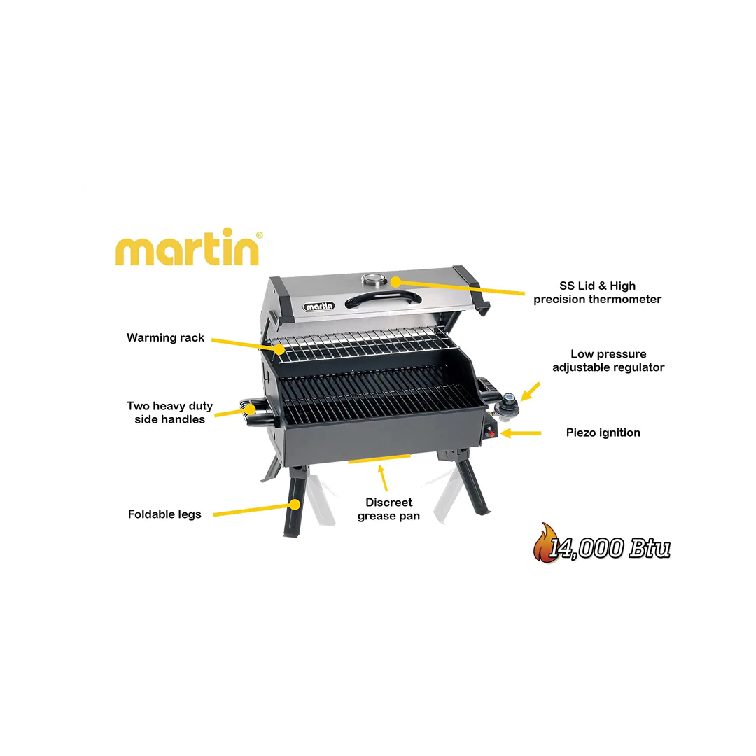 Martin 14.000 BTU Portable Propane Bbq Gas Grill with Support Legs & Grease Pan