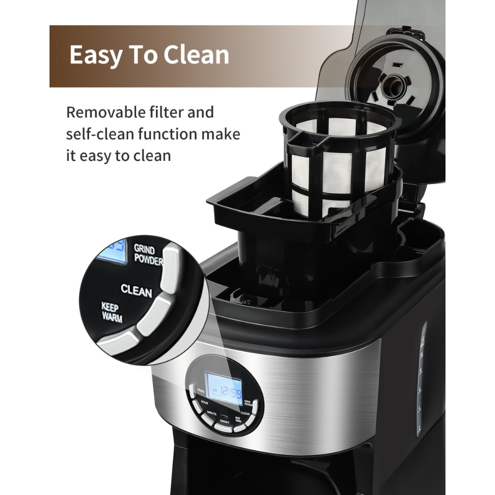 Teglu Coffee Maker With Grinder 12 Cups. Programmable Grind And Brew Coffee Machine