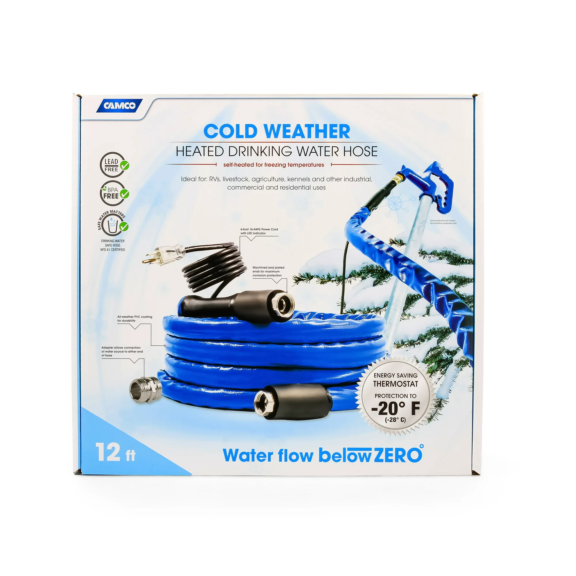 Camco TastePURE 12′ Heated Drinking Water Hose. Freeze Protection Down To -20F/-28C. PVC. Blue (22910)