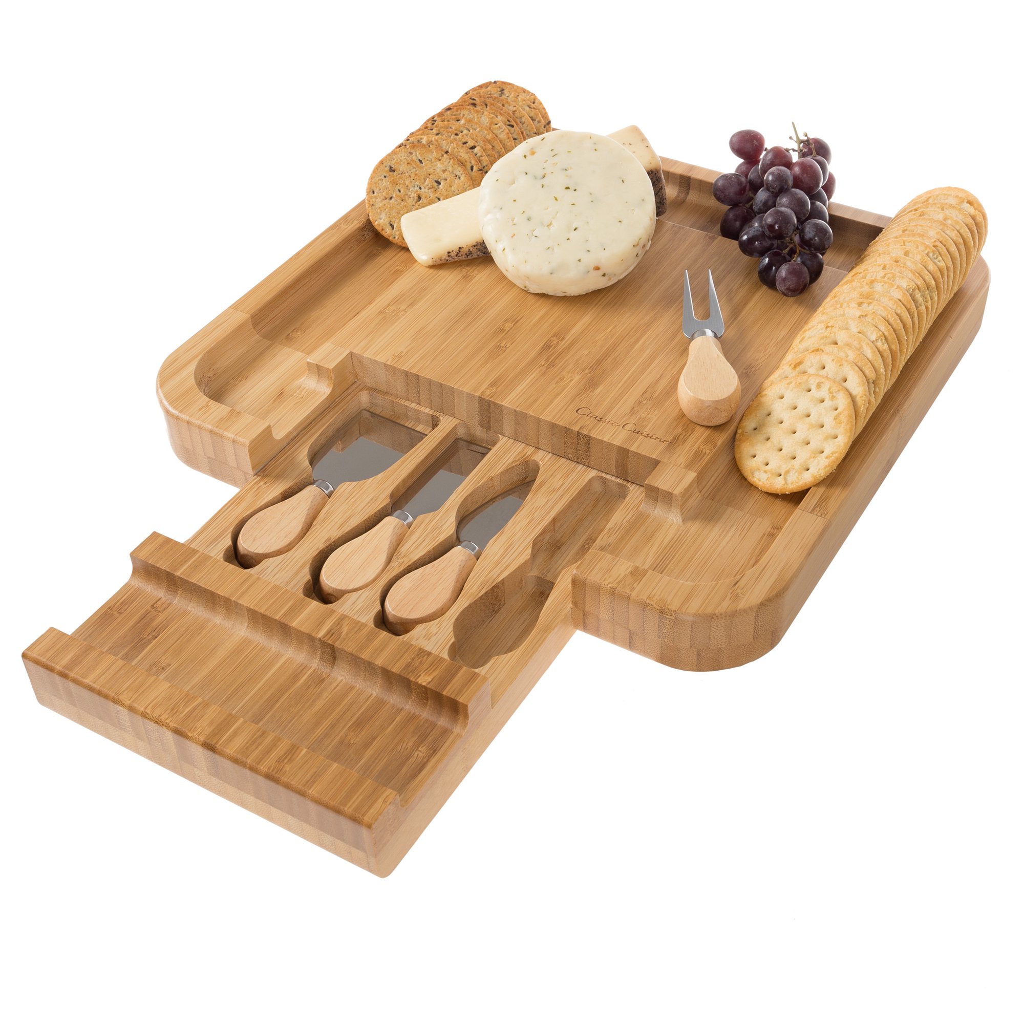 Classic Cuisine Bamboo Cheese Serving Tray with 4-Piece Cutlery Set. Tan