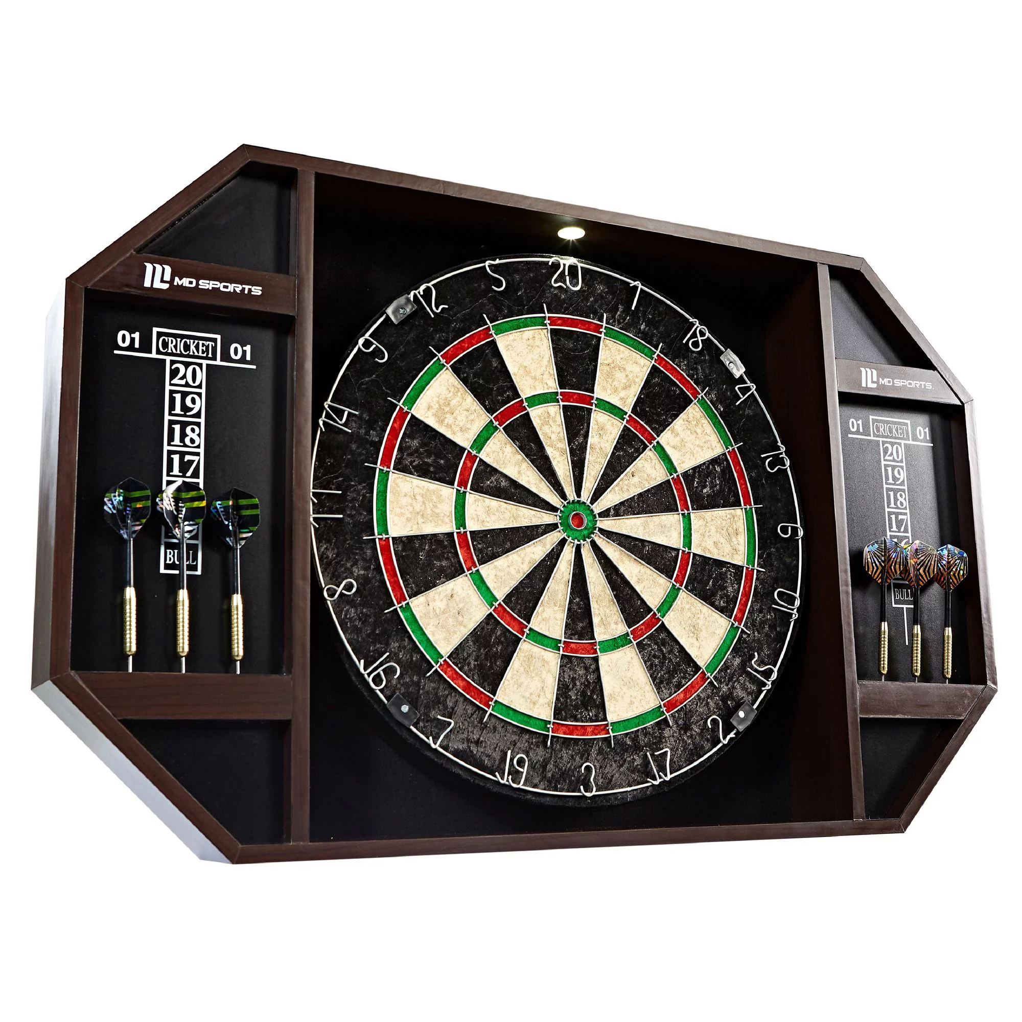 MD Sports Bristle Dartboard Cabinet Set. LED Light. Steel Tip Darts. Brown/Black