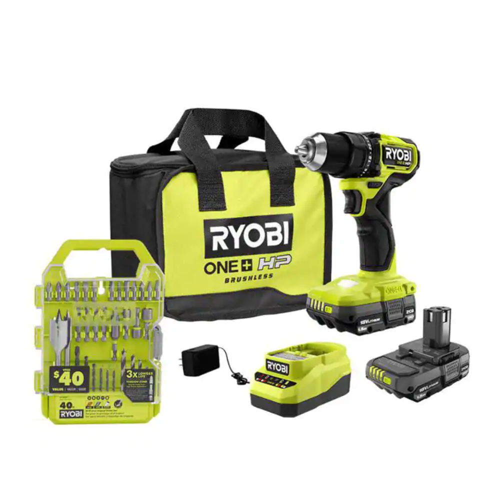 Ryobi One+ HP 18V Brushless Cordless Compact 1/2 in. Drill/Driver Kit with (2) 1.5 Ah Batteries. Charger. Bag. & 40PC Bit Set